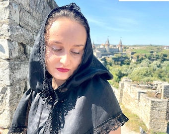 Black lace chapel veil hooded mantilla headscarf with crochet lace trim, modest head covering for Orthodox church, Catholic mass, prayer