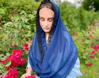 Navy blue infinity chapel veil with black crochet lace trim, Modest head covering for church, mass, prayer or spiritual gatherings
