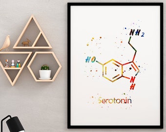 Serotonin print, serotonin molecule watercolor art poster, Psychology art