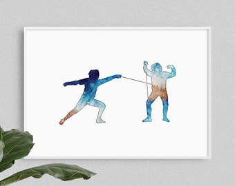 Fencing art poster, watercolor decor, for boys room