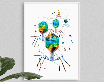 Bacteriophage print, science art watercolor print, virus print, biology art poster