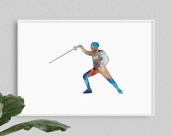 Fencing watercolor poster, for boys room, sports poster