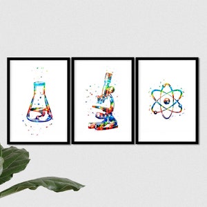 Chemistry art prints Set of 3 watercolor Science posters, chemistry lab wall decor