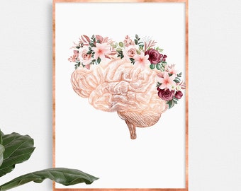 Human Brain Floral anatomy art, Medical poster, Neurology art, Nurse room wall decor