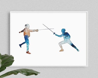 Fencing watercolor print, sports poster, home decor