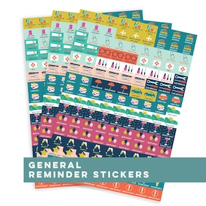 Könnte beinhalten: Ein Satz bunter Erinnerungssticker mit verschiedenen Symbolen und Texten, darunter "Schule aus", "Zahnarzt", "Bibliothek", "Geburtstag", "Nacht draußen", "Wichtig" und "Erinnern".