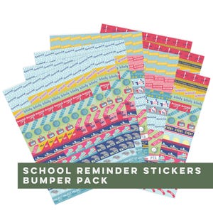 May include: A set of colourful school reminder stickers with various designs and text, including "Activity", "Social", "Half Day", "Match", "Event", "Revision", "Project", and "PTA". The stickers are arranged in a stack and labelled "School Reminder Stickers Bumper Pack".