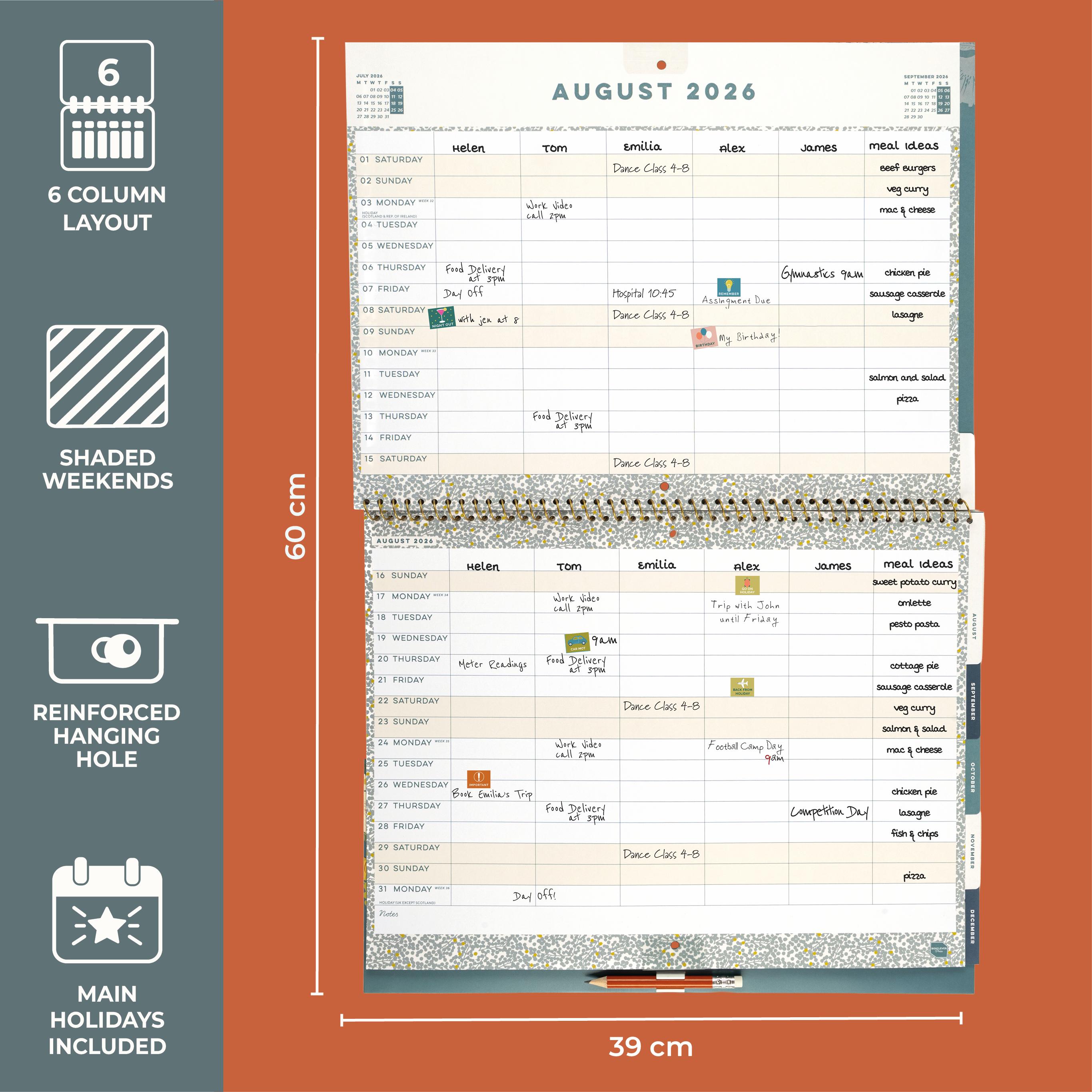 Boxclever Press Perfecte jaarkalender A3 2026. Familie kalender 2026 loopt van januari tot december 26. Wandorganizer 2026 met maandelijkse tabbladen. Grote gezinsplanner