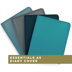 May include: Four A5 diary covers in different colours: teal, dark blue, grey, and light blue. The covers are made of leather and have a smooth finish. The text "ESSENTIALS A5 DIARY COVER" is displayed below the covers.