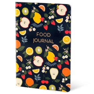 May include: A hardcover food journal with a dark blue background and a colorful pattern of fruits, including apples, lemons, oranges, strawberries, and kiwi. The words "FOOD JOURNAL" are printed in gold.