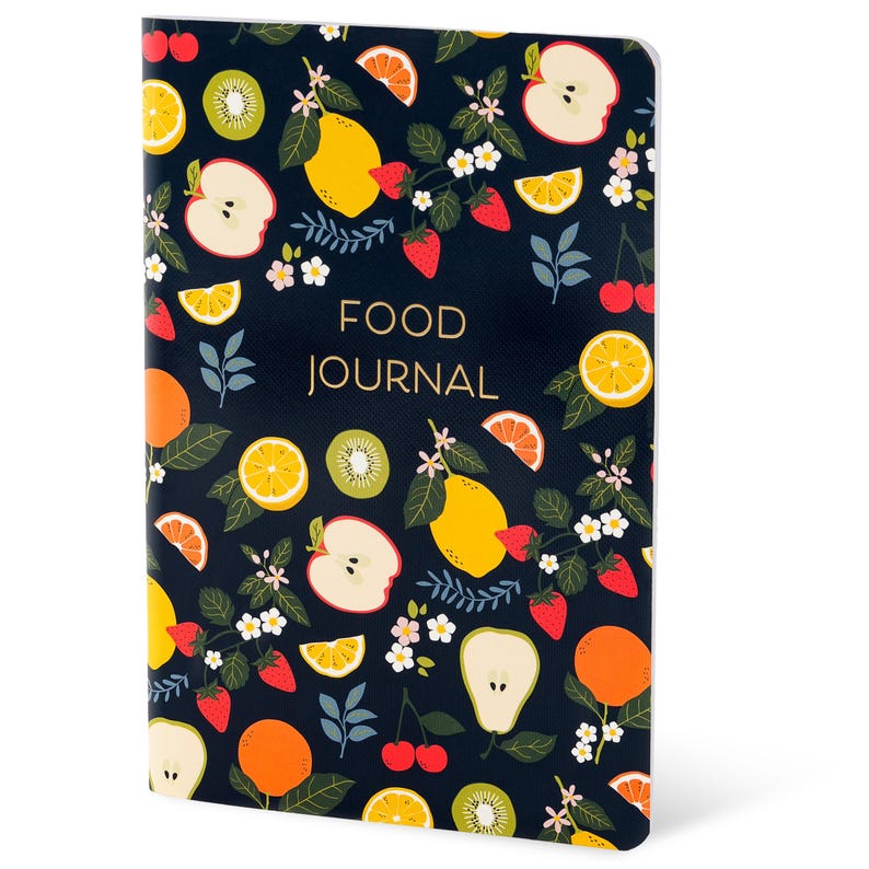 May include: A hardcover food journal with a dark blue background and a colorful pattern of fruits, including apples, lemons, oranges, strawberries, and kiwi. The words "FOOD JOURNAL" are printed in gold.