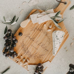 Personalized cutting board as a gift for a wedding with a name or as a housewarming gift for couples and families