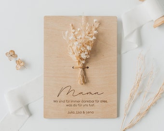 Muttertag - Grußkarte aus Holz mit Trockenblumen als Geschenk zum Muttertag | Karte Muttertag | Holzkarte für Mama | Muttertagsgeschenk