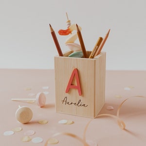 School Enrollment Decoration Personalized wooden pencil cup Name & Initial Pen holder for first graders Gift for the school bag image 1