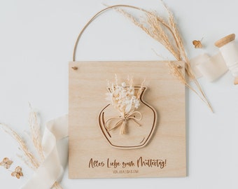 Muttertag Geschenk personalisiert: Karte aus Holz zum Aufhängen mit Widmung & Trockenblumen | Grußkarte Muttertag | Geschenkidee für Mama