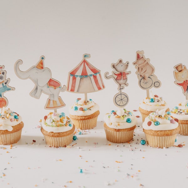 Caketopper Zirkus: sechsteiliges Mini-Caketopper-Set für den Geburtstag aus bunten Caketoppern mit Zirkus-Motiven | Geburtstagsdeko