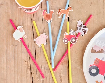 Straws for farm children's birthdays made of paper as birthday decorations with animal motifs for the children's theme party