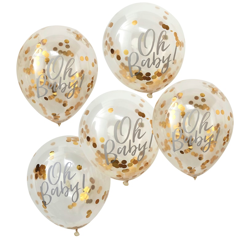 Oh Baby Konfettiluftballons 5 St. gold als Deko für Babyparty Baby Party Dekoration Baby Luftballons Konfettiballon für Babyshower Bild 2