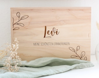 Personalisierte Erinnerungsbox für Kinder mit Name und Zweig | Erinnerungskiste aus Holz | Geschenk zur Geburt