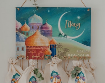 Bunter Ramadan Kalender für Kinder personalisiert mit Namen aus Holz zum Selbstbefüllen