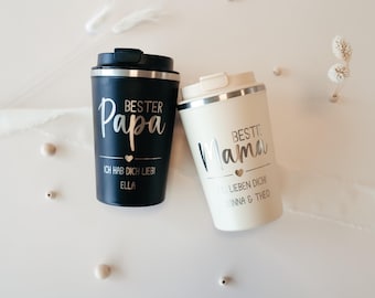 Bester Papa Thermobecher mit Gravur personalisiert | Bester Papa Kindernamen | Kaffeebecher to go persönliche Widmung von Kindern für Papa