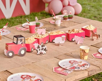 Traktor als Schalen für Snacks am Bauernhof Kindergeburtstag aus Papier als Geburtstags Deko mit Tier-Motiven für die Kinder-Mottoparty