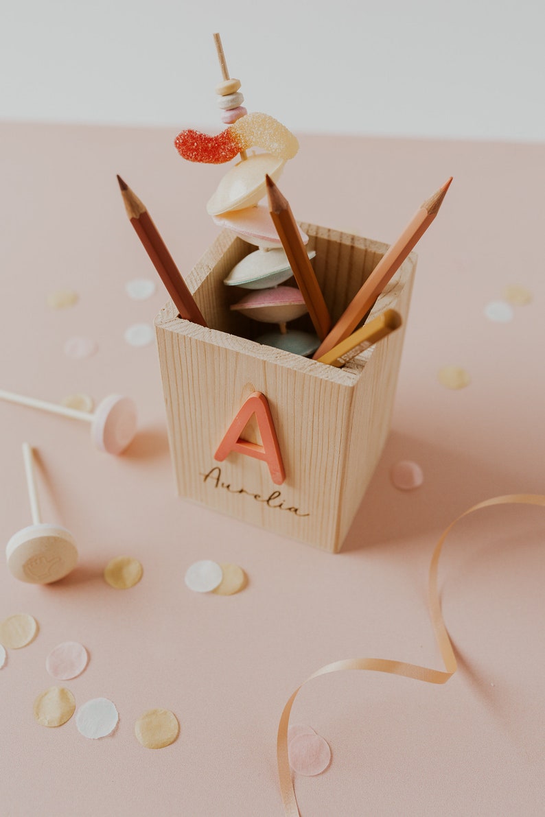 School Enrollment Decoration Personalized wooden pencil cup Name & Initial Pen holder for first graders Gift for the school bag image 9