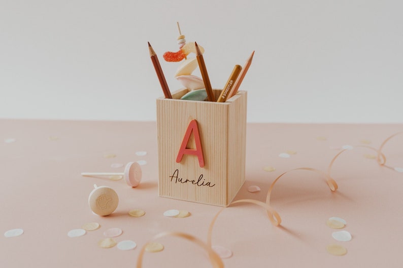 School Enrollment Decoration Personalized wooden pencil cup Name & Initial Pen holder for first graders Gift for the school bag image 1