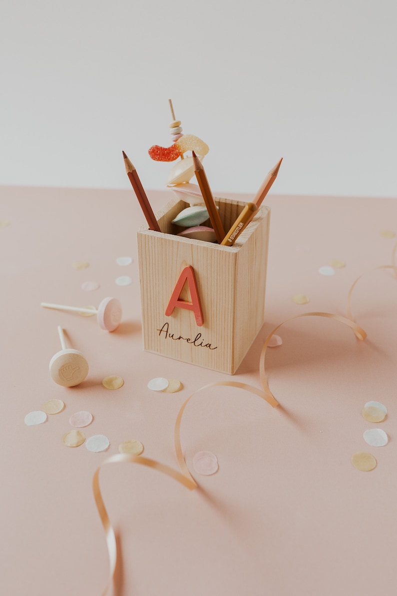 School Enrollment Decoration Personalized wooden pencil cup Name & Initial Pen holder for first graders Gift for the school bag image 7