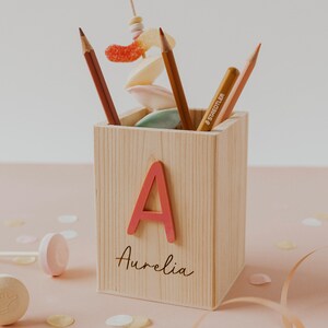 School Enrollment Decoration Personalized wooden pencil cup Name & Initial Pen holder for first graders Gift for the school bag image 3