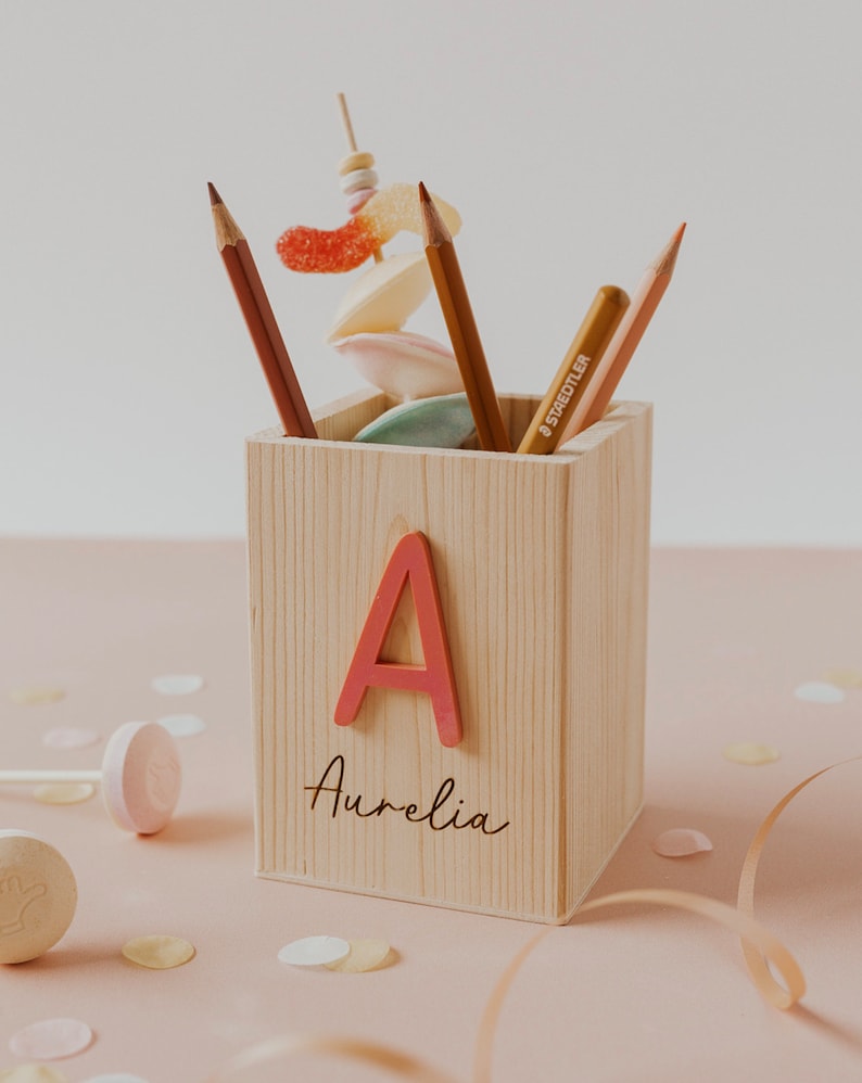 School Enrollment Decoration Personalized wooden pencil cup Name & Initial Pen holder for first graders Gift for the school bag image 3