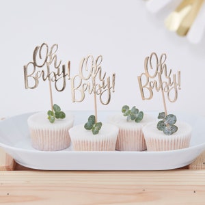 Oh Baby cake toppers (12 pieces) in gold for cakes or cupcakes | Baby shower decoration | Decoration for baby party | baby shower | Cupcake toppers