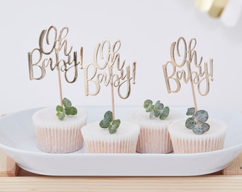 Oh Baby Caketopper (12 St.) in Gold für Kuchen oder Cupcakes | Babyparty Deko | Dekoration für Baby Party | Babyshower | Cupcake Topper