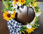 Sunflower Wreath, Wreath For Front Door, Farmhouse Wreath, Summer Wreath, Yellow Sunflower Wreath, Welcome Wreath, Buffalo Check Wreath.