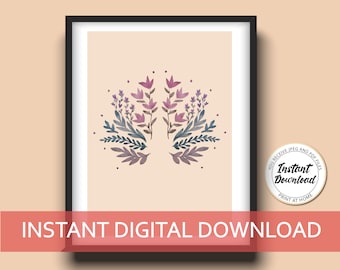 Watercolor flowers, folk art flowers, printable wall art, A4 print, instant download