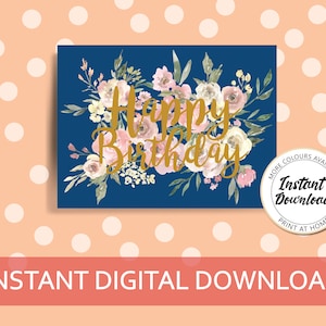 Floral birthday card, Printable birthday cards for her, Digital happy birthday, last minute card, floral cards for her