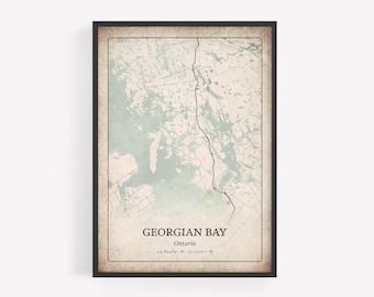Impresión rústica de mapa de la Bahía Georgiana, arte mural grunge desgastado, póster de ciudad de la Bahía Georgiana, decoración de casas en el lago, arte de Ontario, Canadá