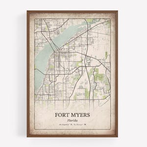 Rustic Fort Myers Map Print, Grunge Vintage Wall Art, Fort Myers City Poster, Coastal Cottage Decor, Florida United States Art