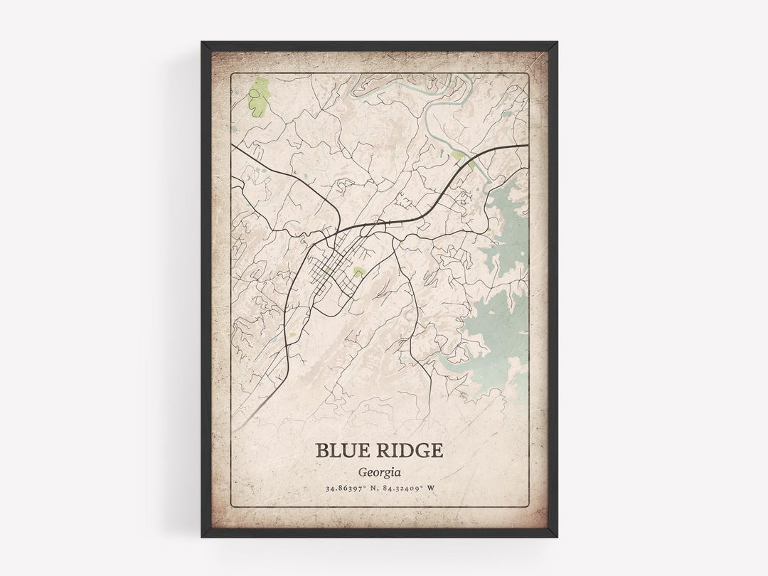 Blue Ridge Ga Postcard Vintage Blue Ridge GA Map Print, Distressed Classic Wall Art, Blue ...