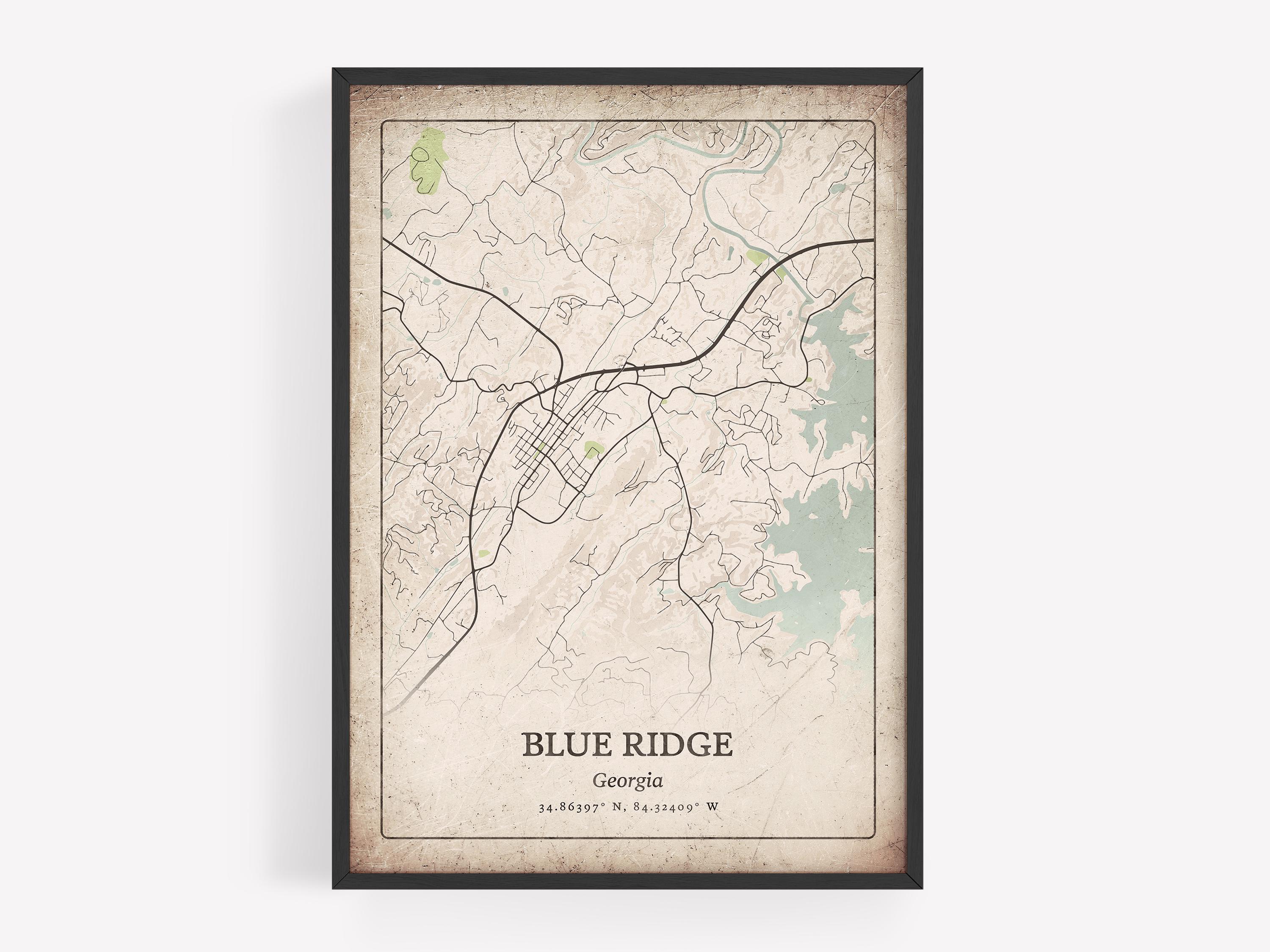 Vintage Blue Ridge GA Map Print, Distressed Classic Wall Art, Blue ...