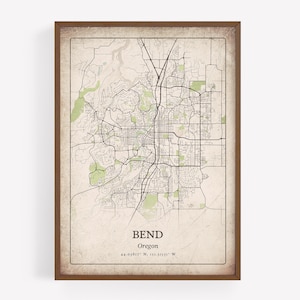 Impression de carte de Bend classique, art mural vintage rustique, affiche de la ville de Bend, décoration d'intérieur du désert, art de l'Oregon aux États-Unis