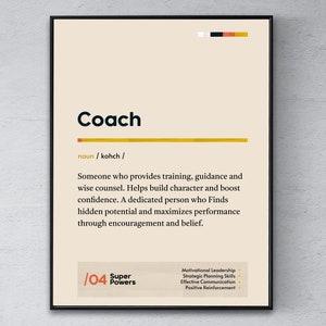 Könnte beinhalten: Ein beiger Poster mit schwarzem Text, der das Wort "Coach" als jemanden definiert, der Training, Anleitung und kluge Ratschläge gibt. Der Poster listet auch die Fähigkeiten eines Coaches auf, darunter motivierende Führung, strategische Planung, effektive Kommunikation und positive Verstärkung.