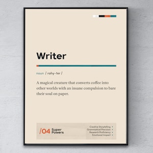 May include: A beige poster with black text that reads "Writer" and a definition of a writer as a magical creature that converts coffee into other worlds. The poster also includes a list of "Super Powers" for writers, including creative storytelling, grammatical precision, research proficiency, and emotional impact.