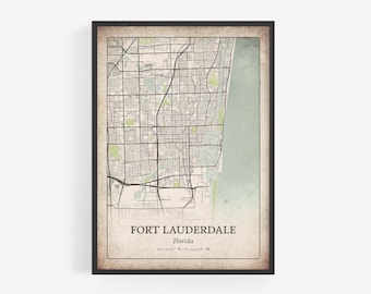Klassisk karttryck över Fort Lauderdale, vintage grungeväggkonst, affisch med staden Fort Lauderdale, strandhusdekor, konst över Florida i USA