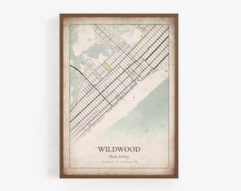 Mapa Wildwood w stylu vintage, klasyczna sztuka ścienna w stylu retro, plakat z miastem Wildwood, wystrój domu na plaży, sztuka w New Jersey, Stany Zjednoczone