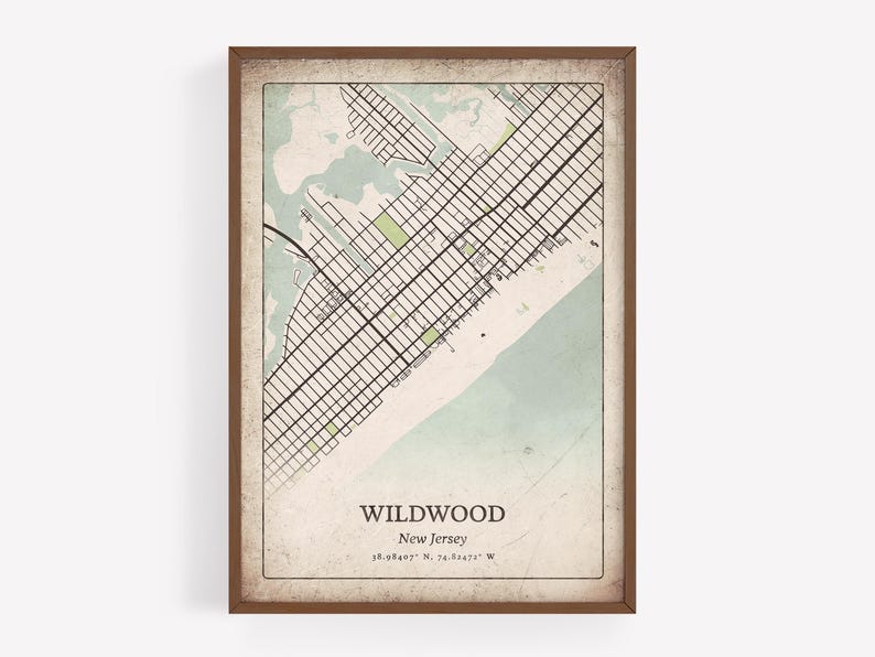 Vintage Wildwood Map Print, Classic Retro Wall Art, Wildwood City Poster, Beach House Decor, New Jersey United States Art Paper Print