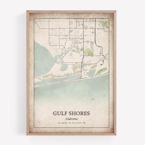 Vintage Gulf Shores Map Print, Distressed Antique Wall Art, Gulf Shores City Poster, Beach House Decor, Alabama United States Art