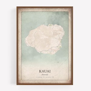 Impression de carte rétro de Kauai, art mural effet vieilli grunge, affiche de la ville de Kauai, déco Island Retreat, Art d'Hawaï États-Unis