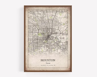 Impression de carte classique de Houston, art mural ancien en détresse, affiche de la ville de Houston, décoration d'appartement urbain métropolitain, art du Texas aux États-Unis