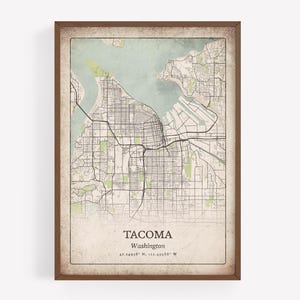 impression de carte de Tacoma vintage, art mural grunge en détresse, affiche de la ville de Tacoma, décoration d'appartement urbain métropolitain, art de Washington États-Unis